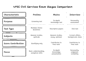 understanding the differences between Prelims, mains and Interview.