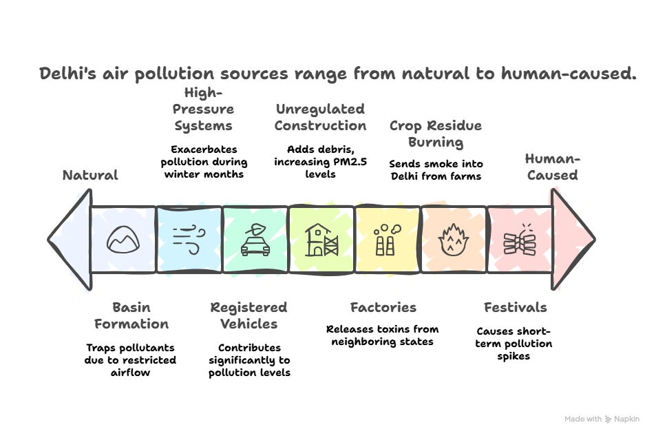 Delhi air pollution sources range from natural to human-caused.