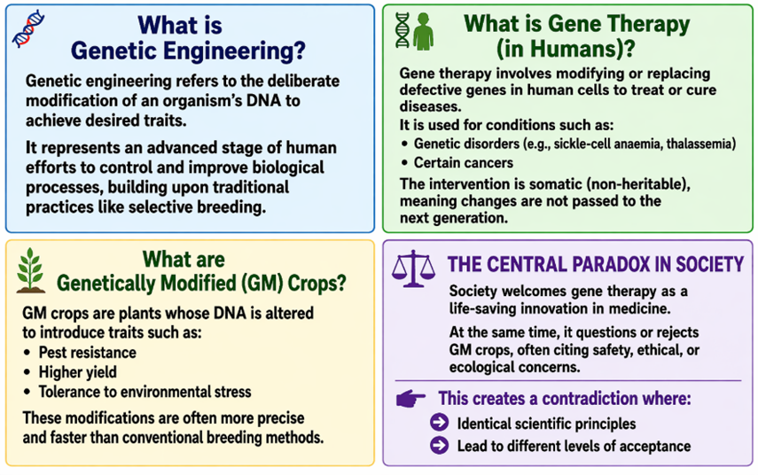 What is Genetic Engineering?
What is Gene Therapy (in Humans)?
What are Genetically Modified (GM) crops?
The Central Paradox in Society