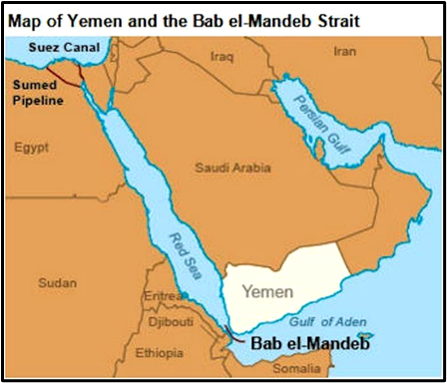 Map of Yemen and the Bab el-Mandab Strait