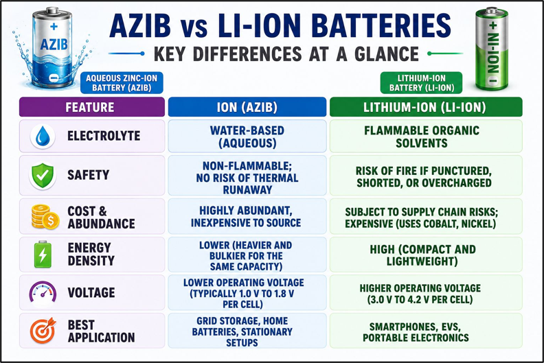 Azib vs Li-ion Batteries: key differences at a glance
(Aqueous Zinc-Ion Batteries)